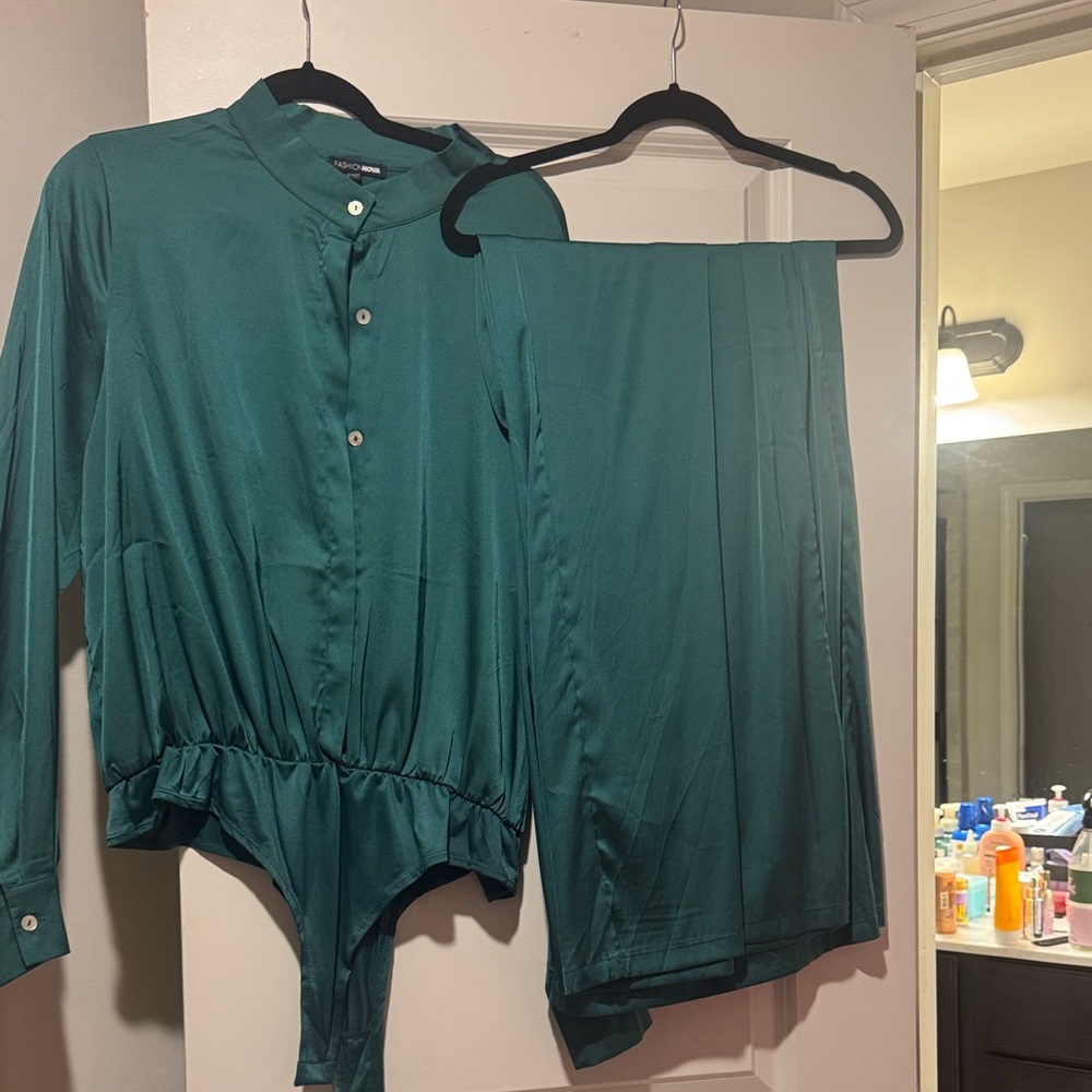 Green Button-Up Bodysuit and pants.